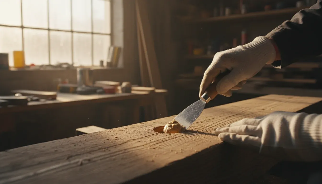 Hands using a putty knife to fill a hole in a wooden beam with wood filler