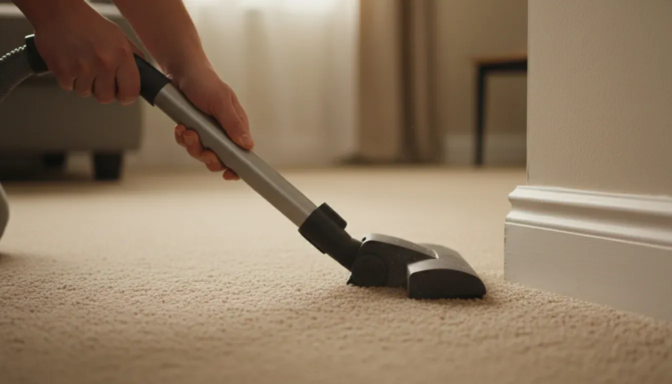 Hands vacuuming carpet edge with hose attachment