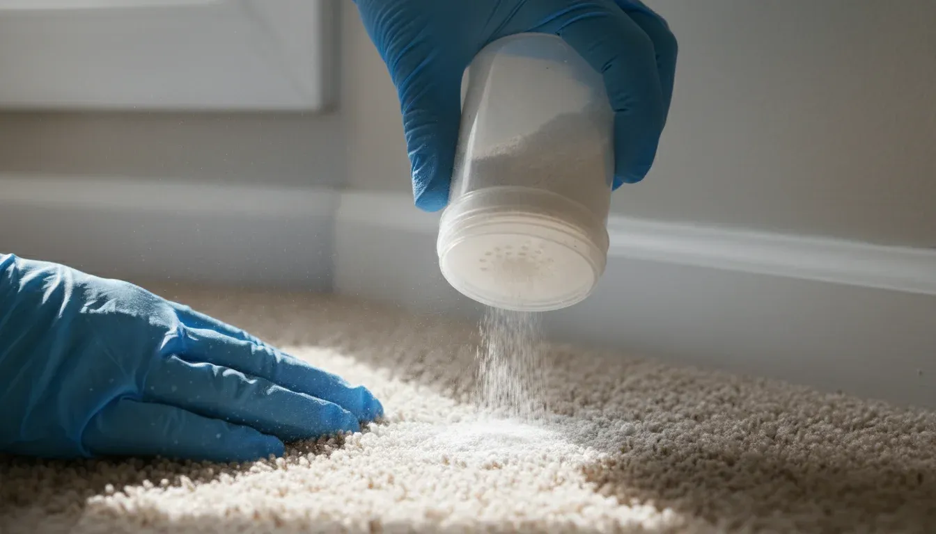 Gloved hands sprinkling diatomaceous earth powder onto carpet