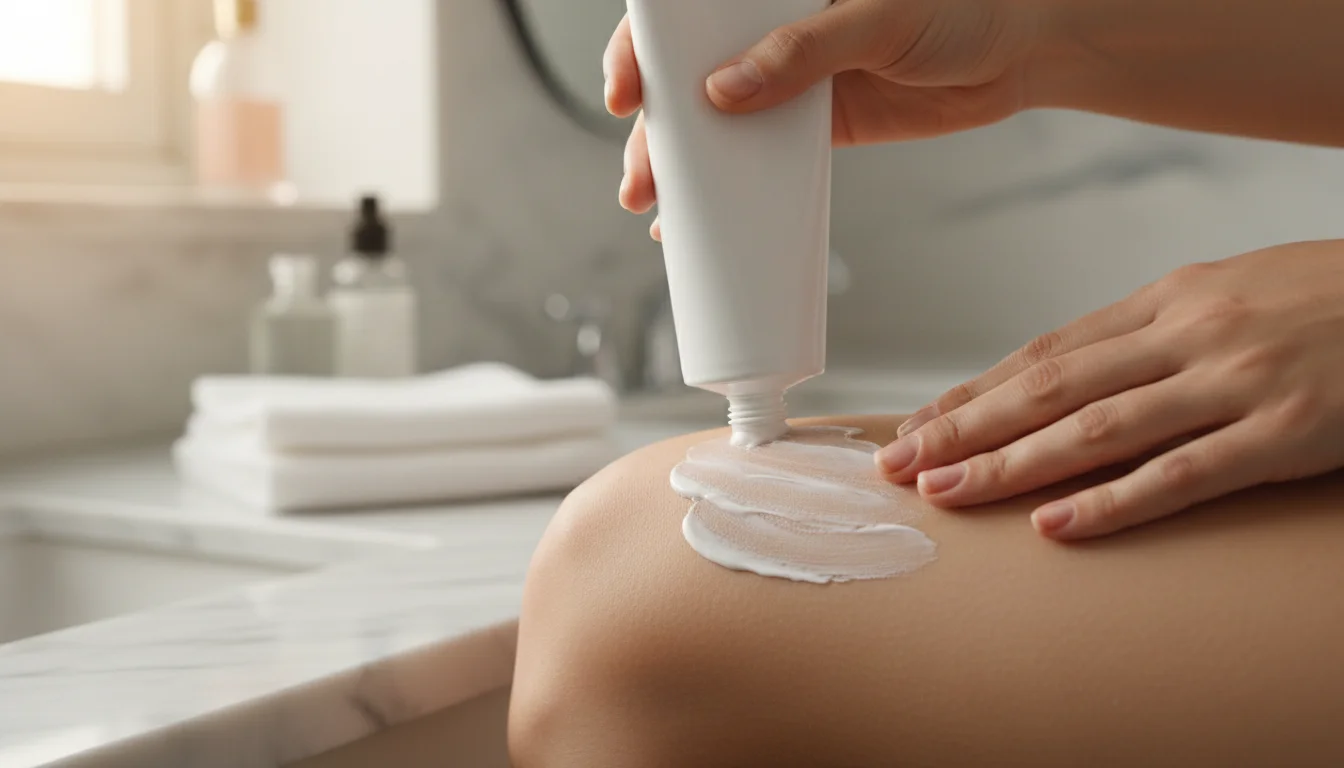 applying caffeine cream to thigh