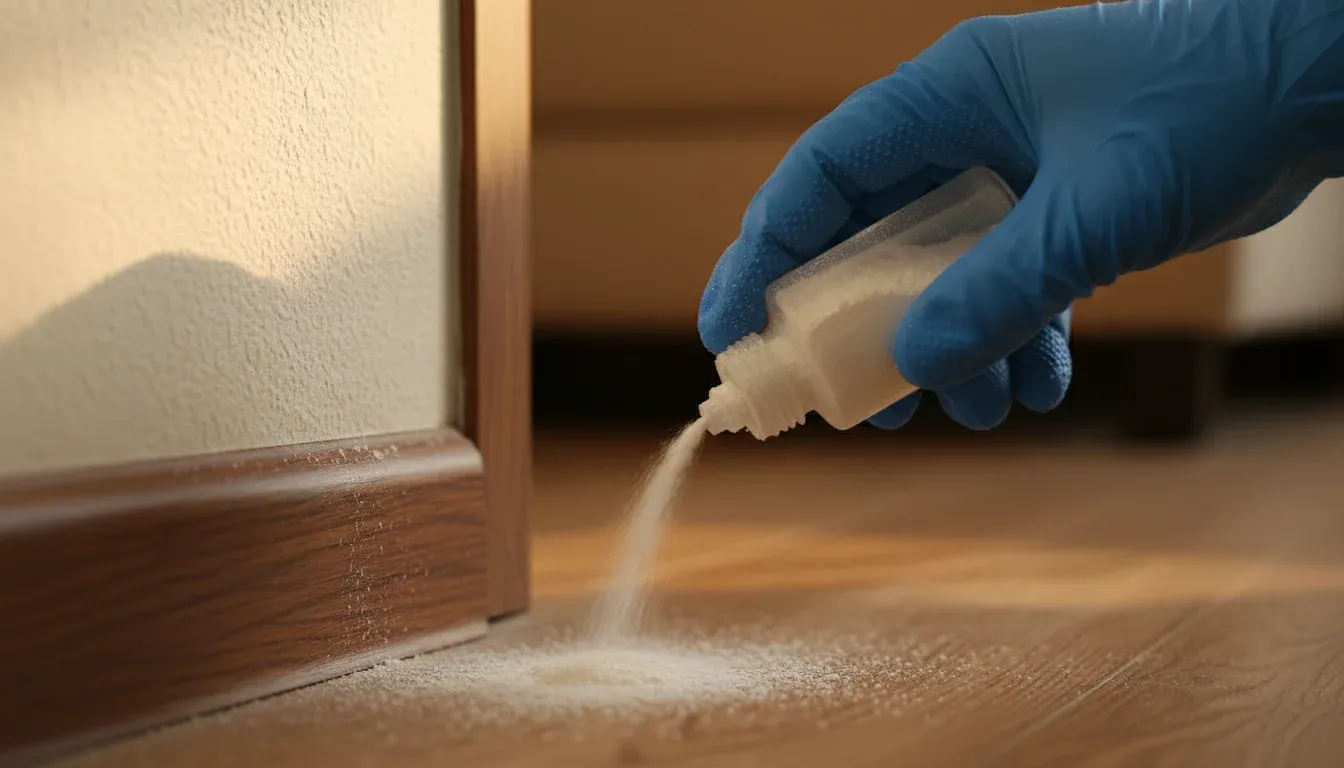 applying diatomaceous earth along baseboard