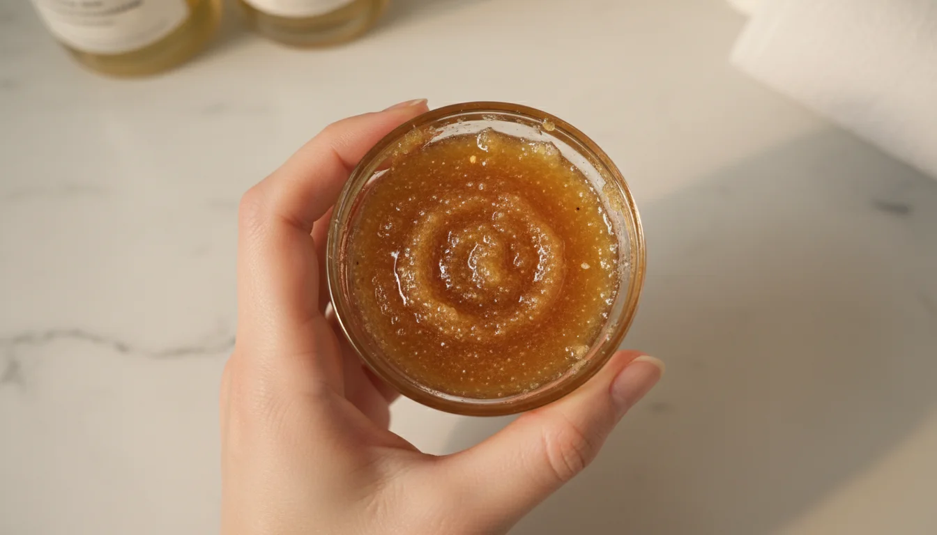 hand holding small bowl with sugar and honey lip scrub mixture