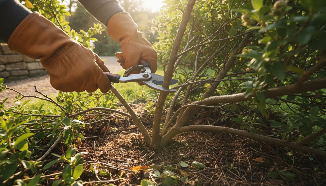 hands trimming lower branches from shrub with pruning shears