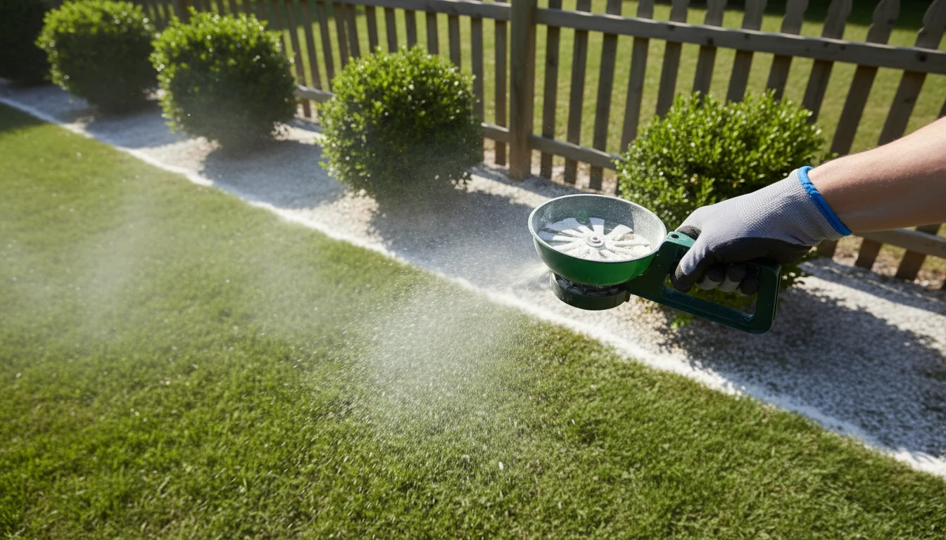 hand spreading diatomaceous earth powder on lawn near shrubs