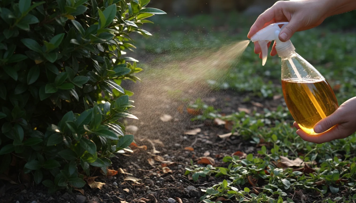 hands spraying neem oil solution on underside of shrub leaves