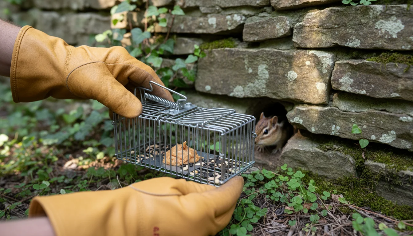 hands positioning baited live trap near chipmunk burrow