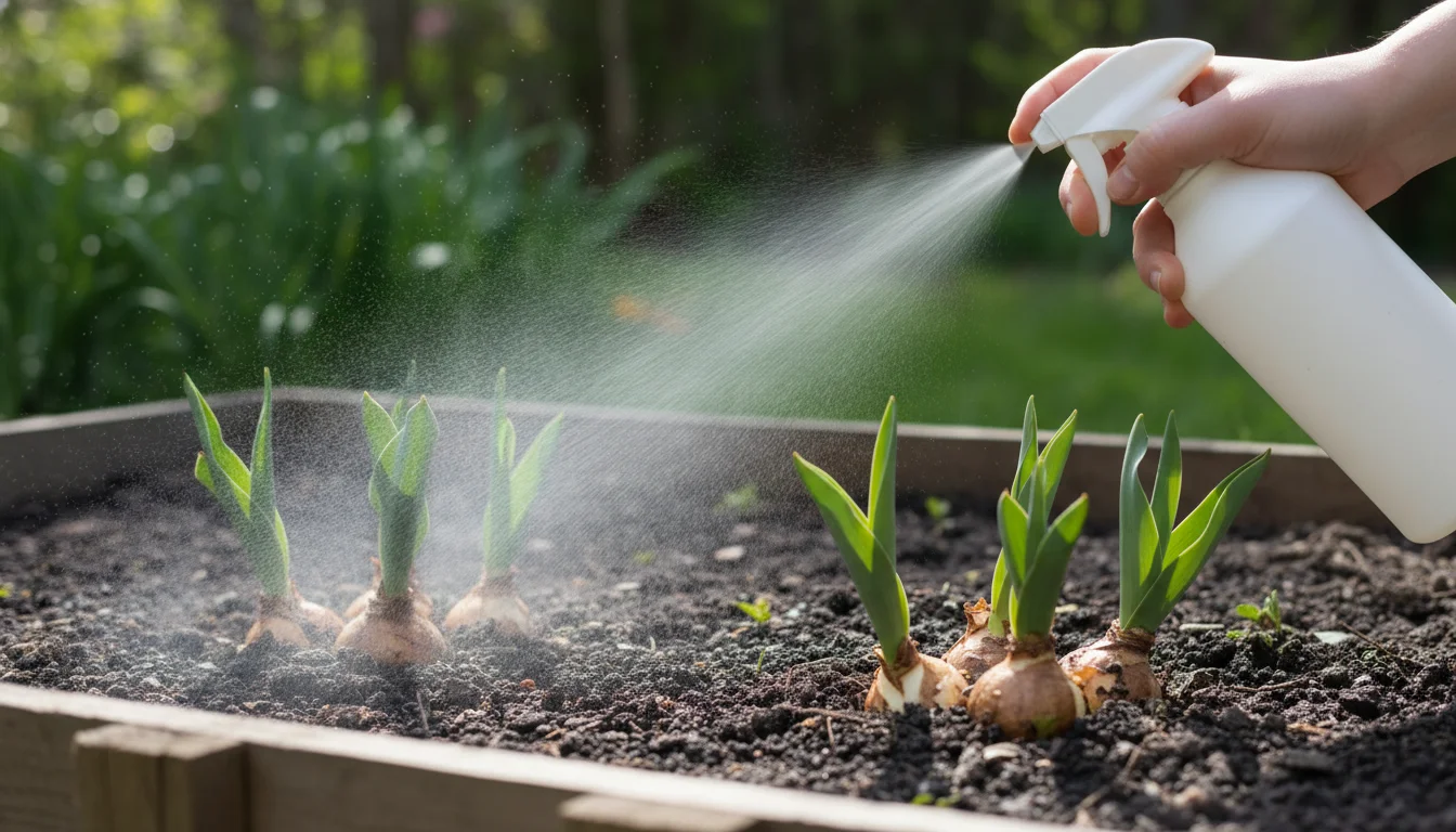 spraying repellent on soil around emerging tulip bulbs
