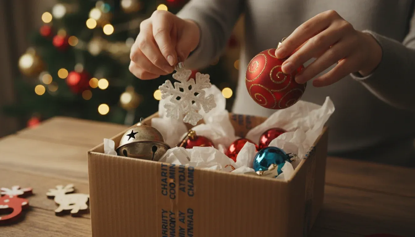 hands placing ornaments into charity donation box