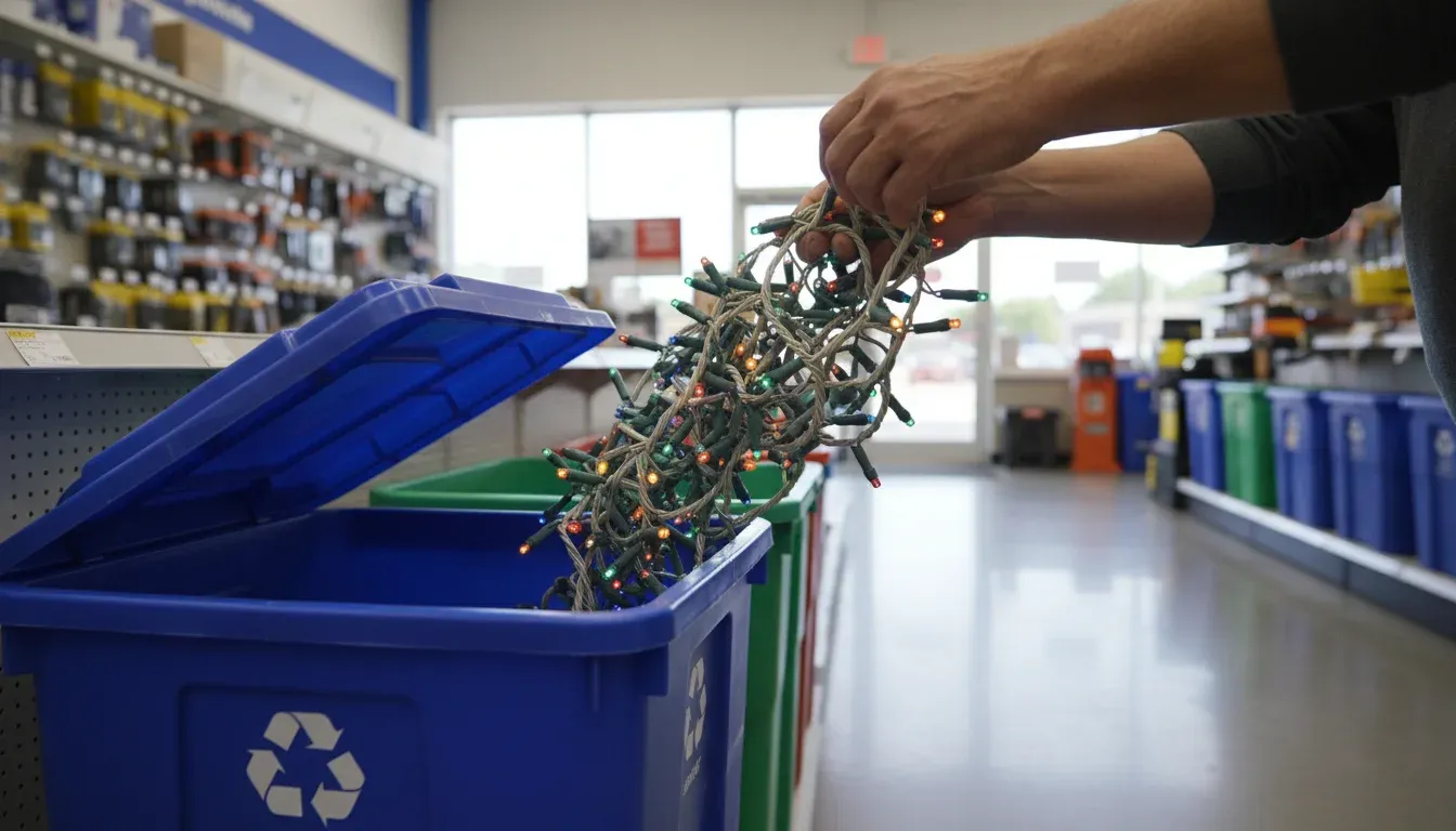 hands depositing old string lights into recycling bin