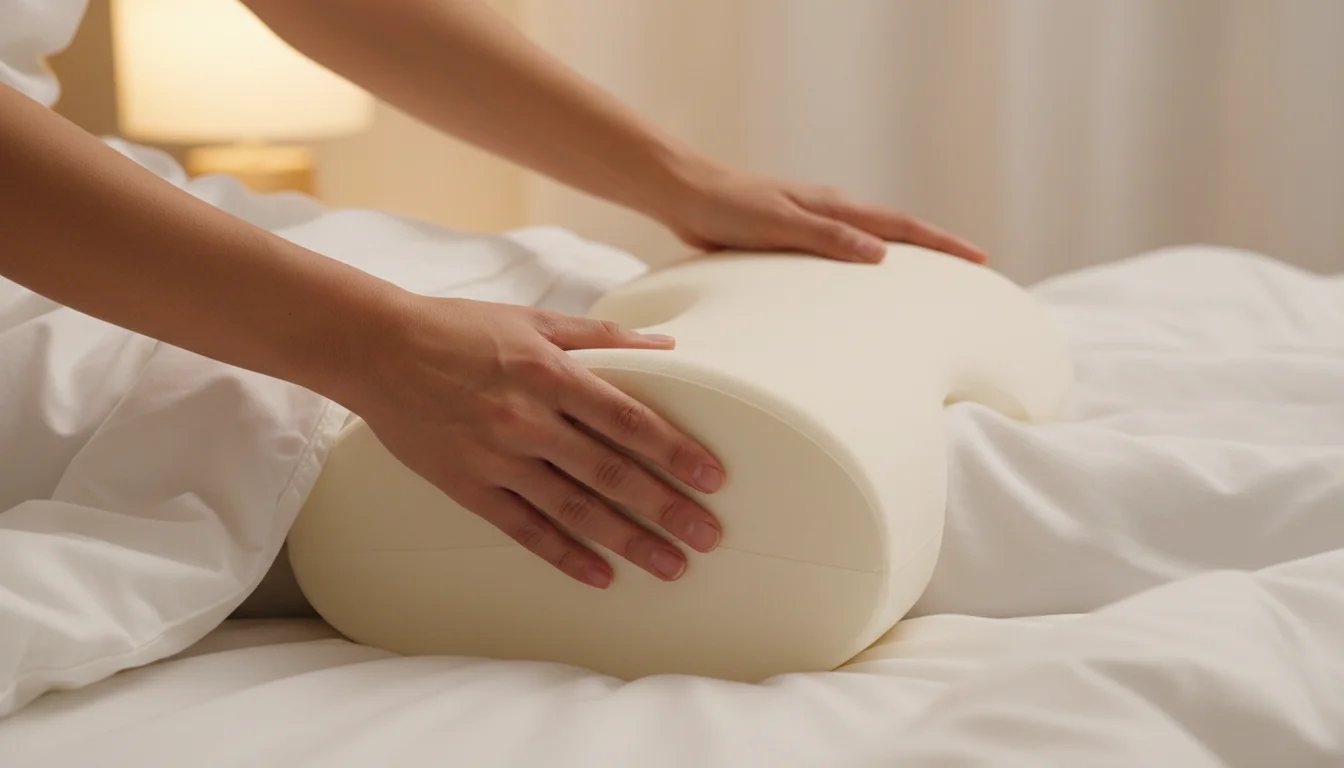 hands positioning pillow between knees for side sleeping