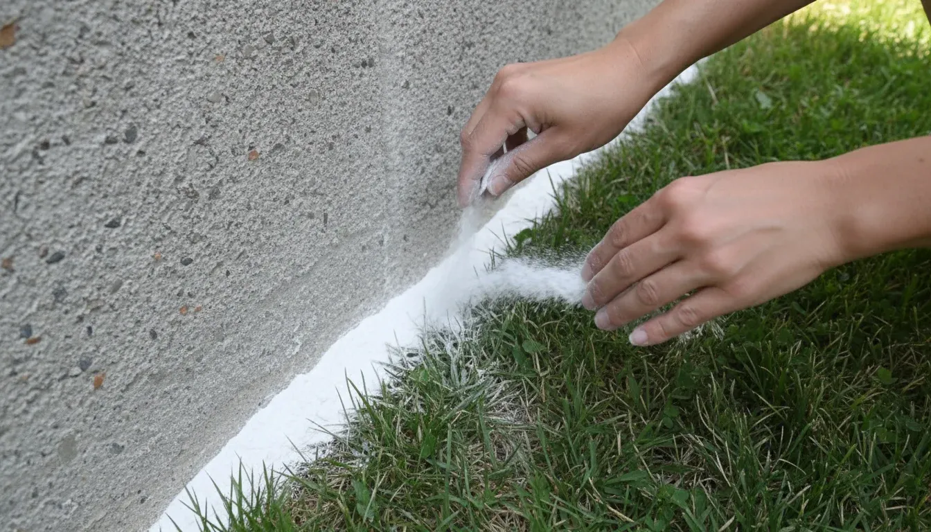 applying diatomaceous earth powder along foundation perimeter