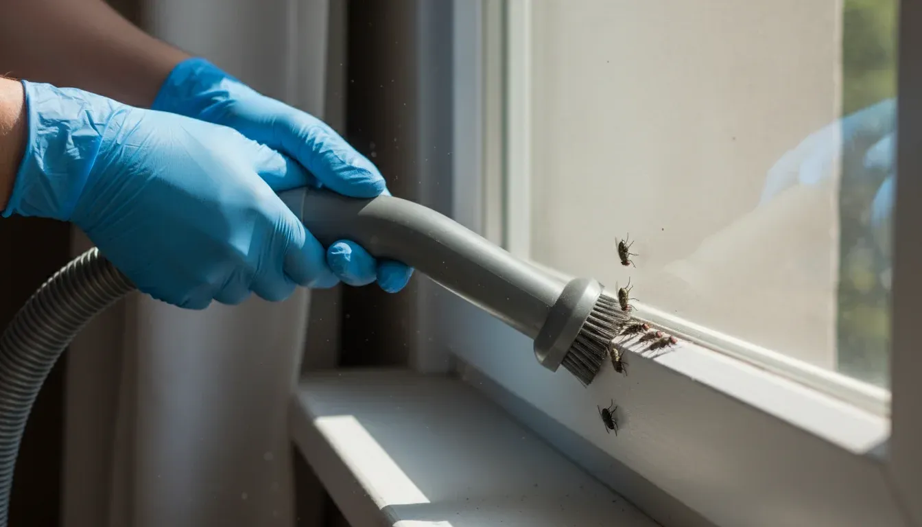 Gloved hands using a vacuum hose to remove flies from a window frame