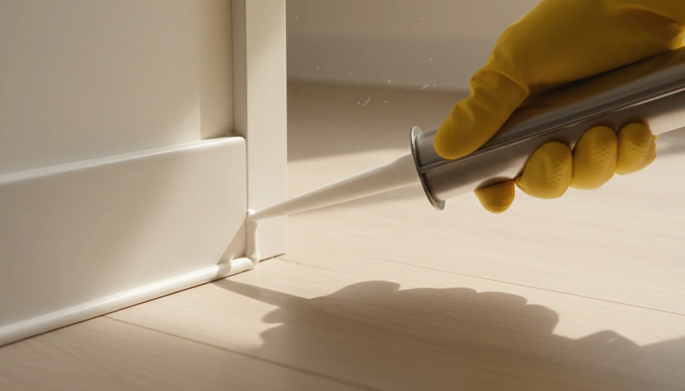 sealing baseboard crack with caulk gun