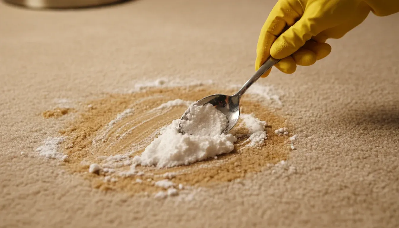 applying baking soda paste to coffee stain on carpet