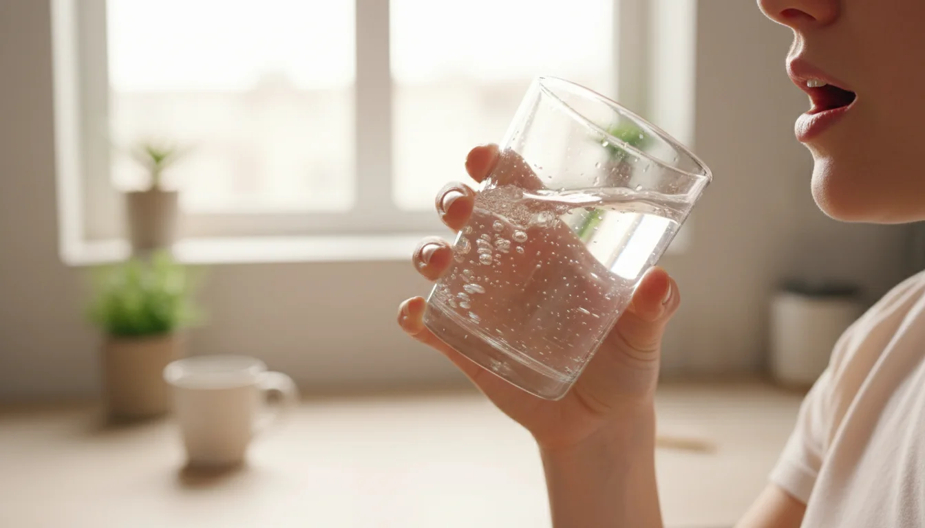 gargling with salt water from a clear glass