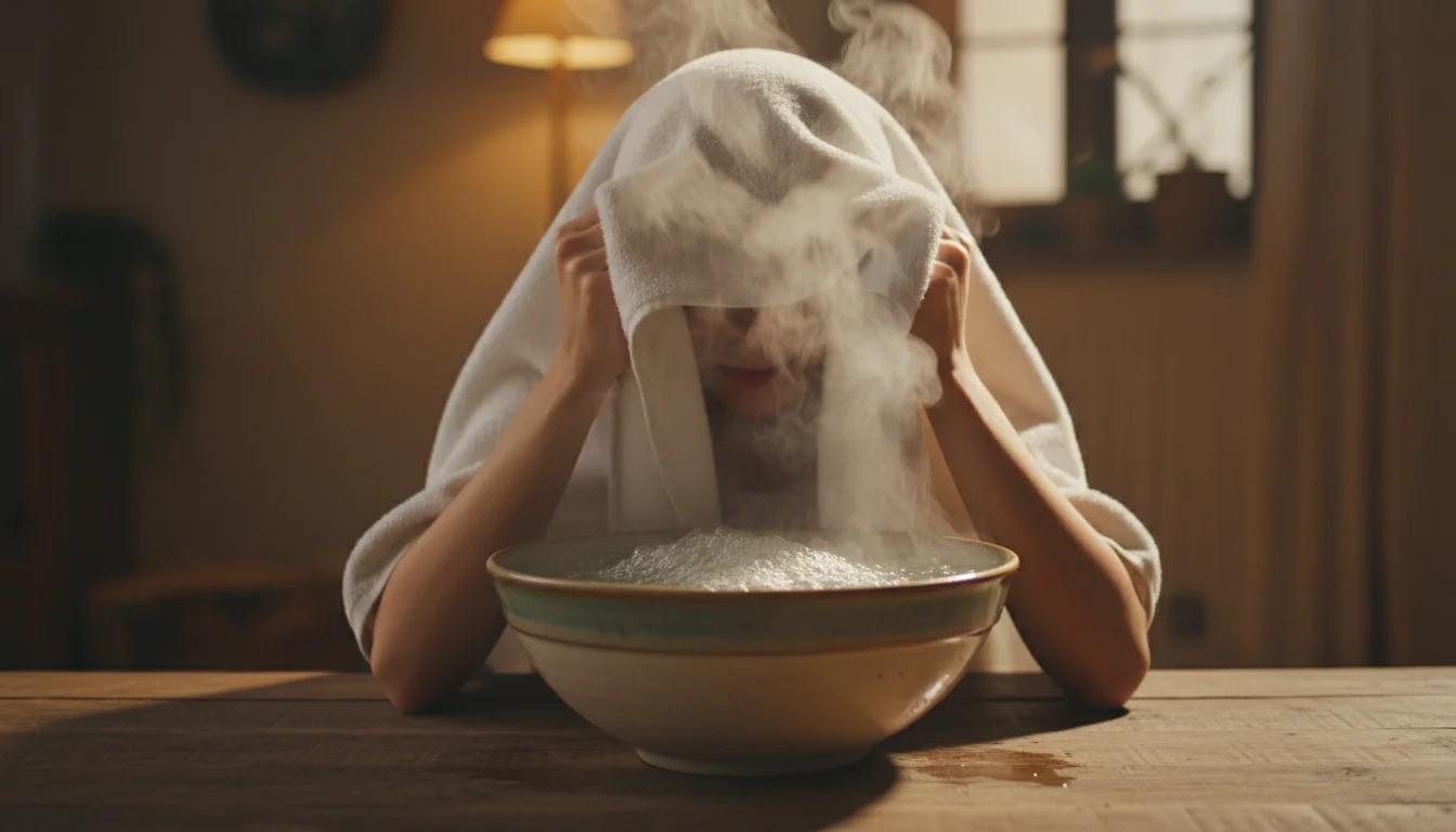 inhaling steam from bowl of hot water with towel over head