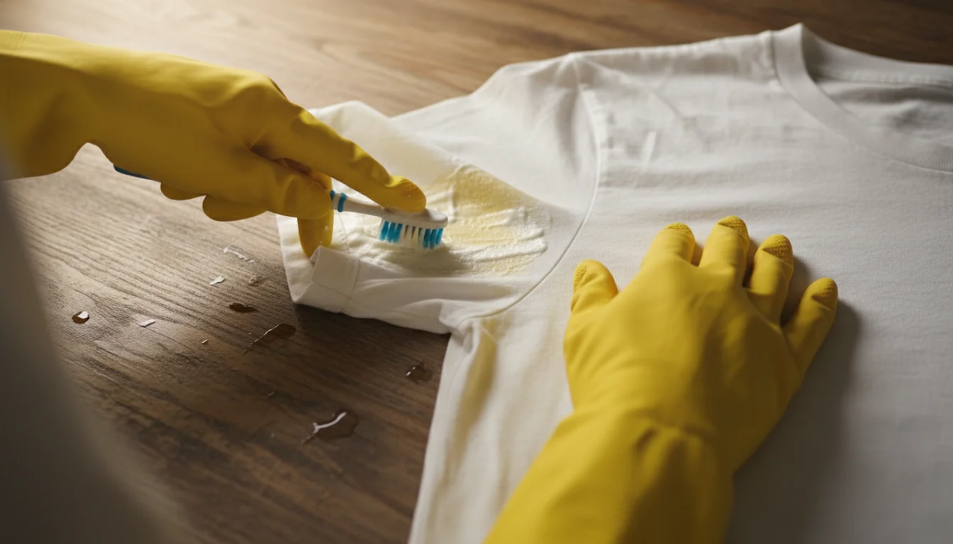 scrubbing hydrogen peroxide paste into yellow armpit stain with toothbrush