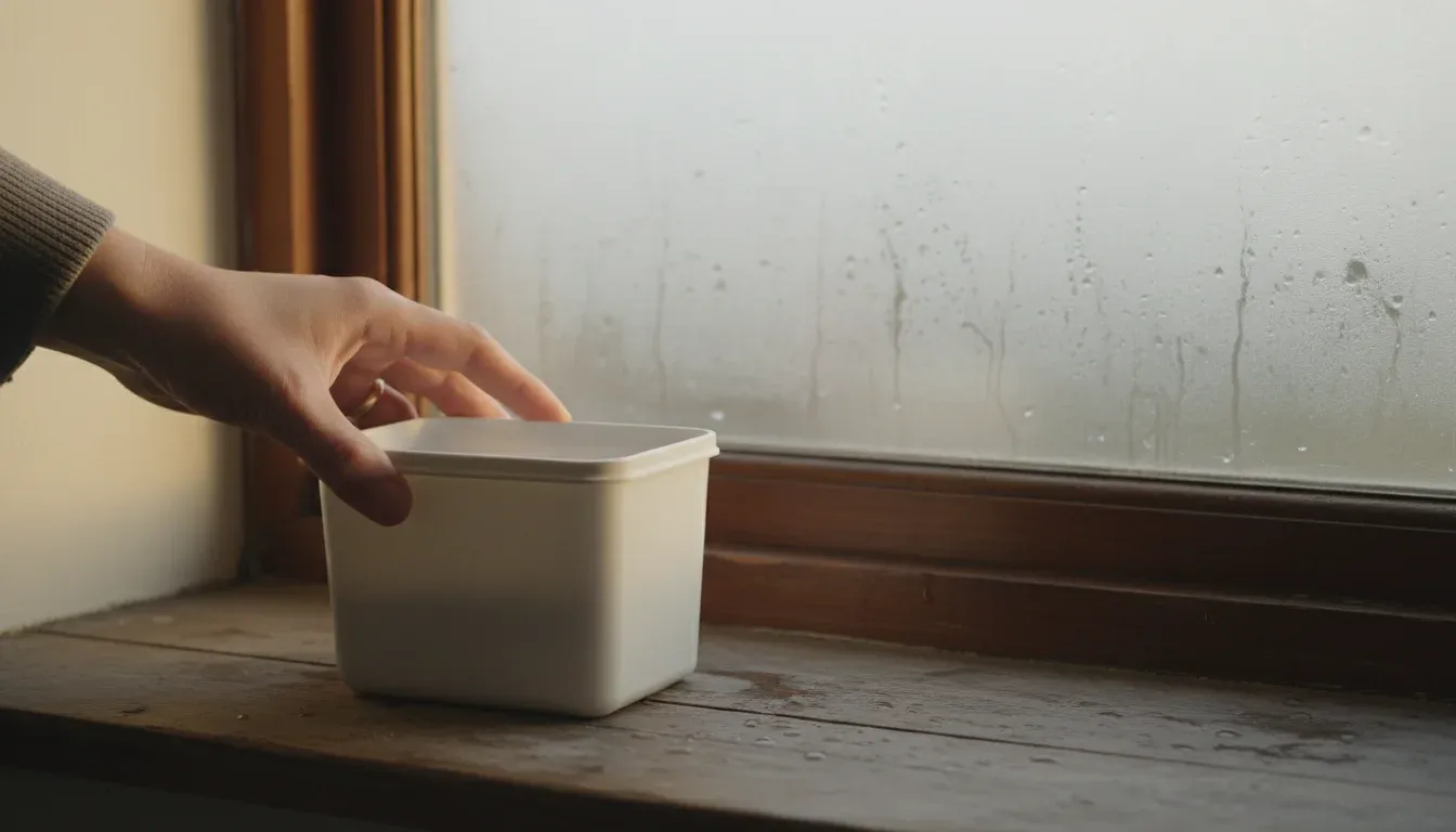 placing moisture absorber container on windowsill with condensation