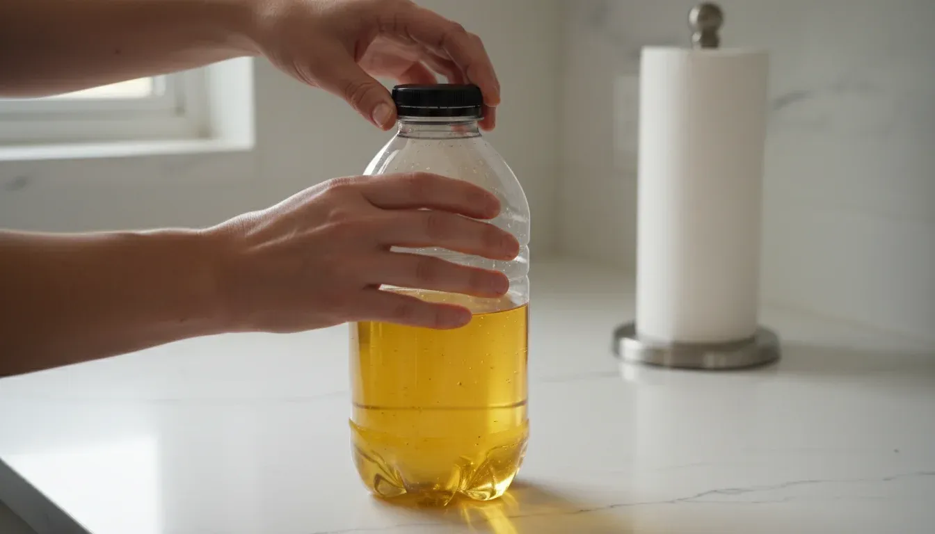Hands sealing a plastic container of used cooking oil with a lid