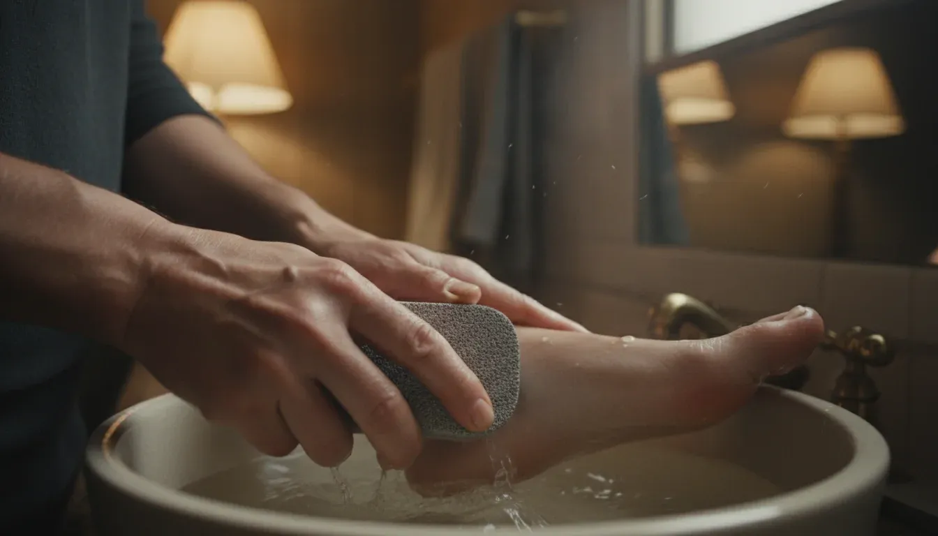filing corn on foot with pumice stone