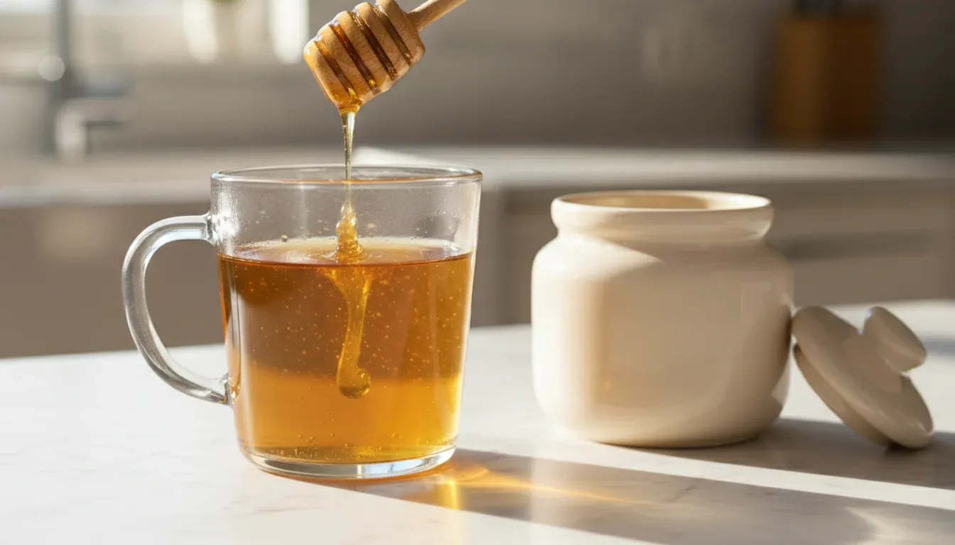 honey being drizzled into hot tea