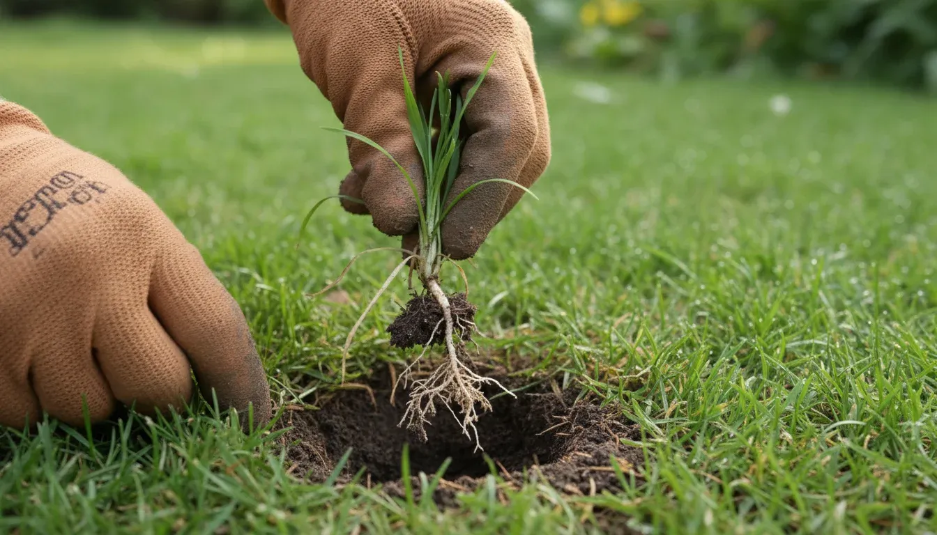pulling young crabgrass plant from lawn