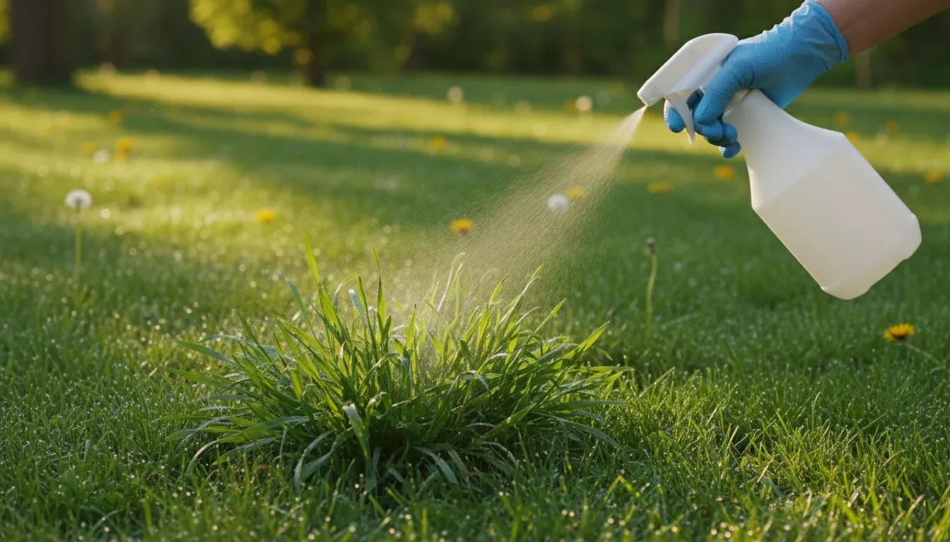 spraying post-emergent herbicide on crabgrass