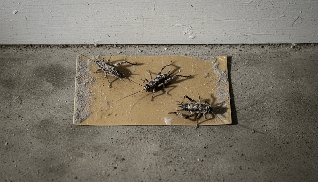 Sticky glue trap with crickets caught along a basement baseboard