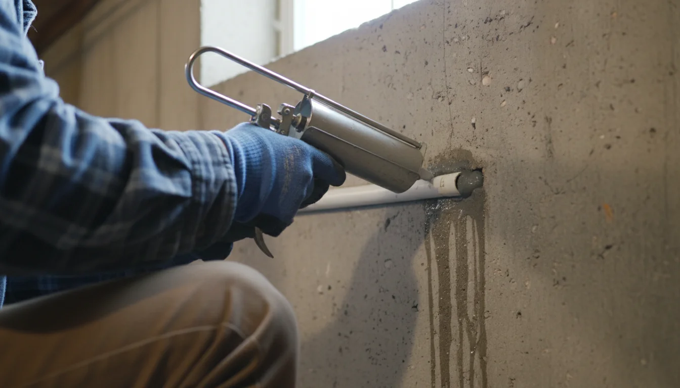 Sealing a pipe penetration in a basement wall with a caulk gun