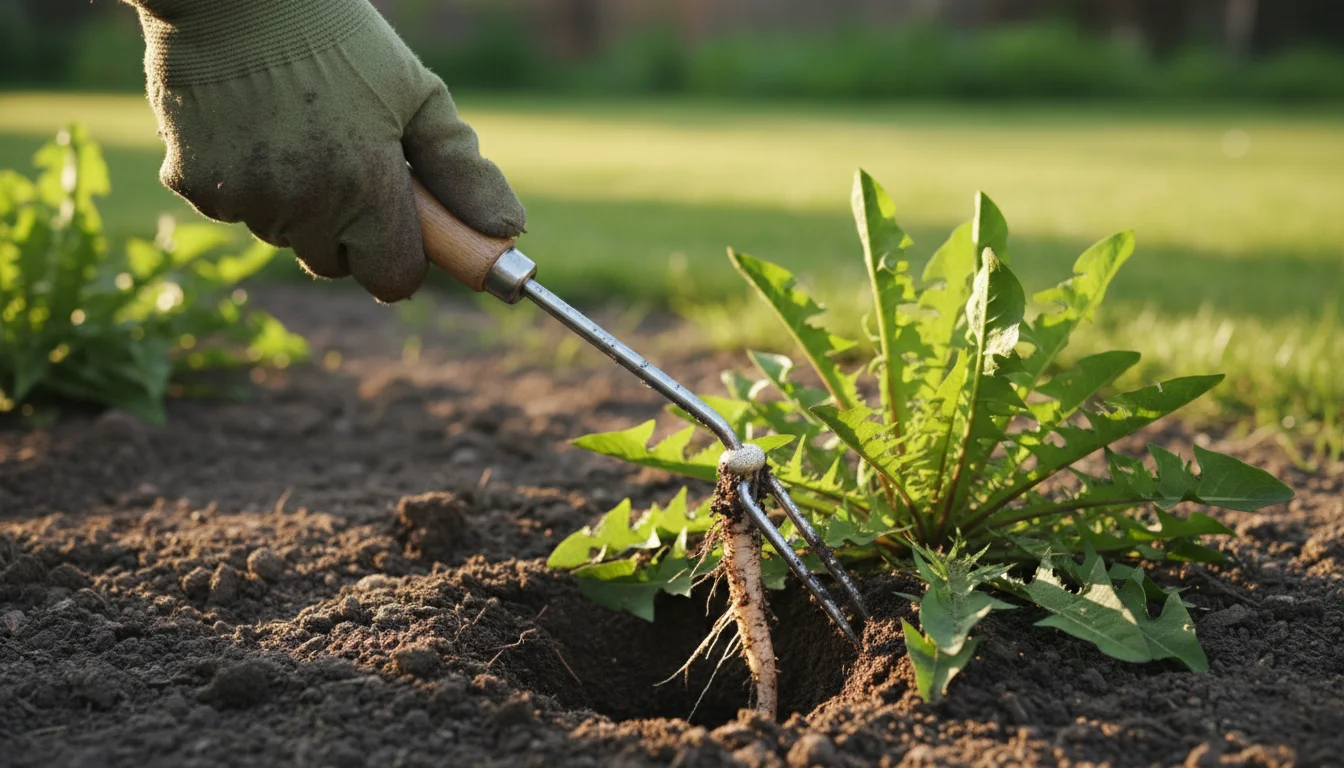 Gloved hand using dandelion weeder to extract intact taproot from soil