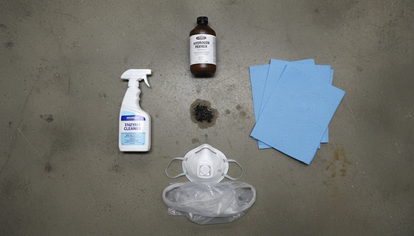 Dead mouse smell cleanup supplies including enzyme cleaner, hydrogen peroxide, and protective gear
