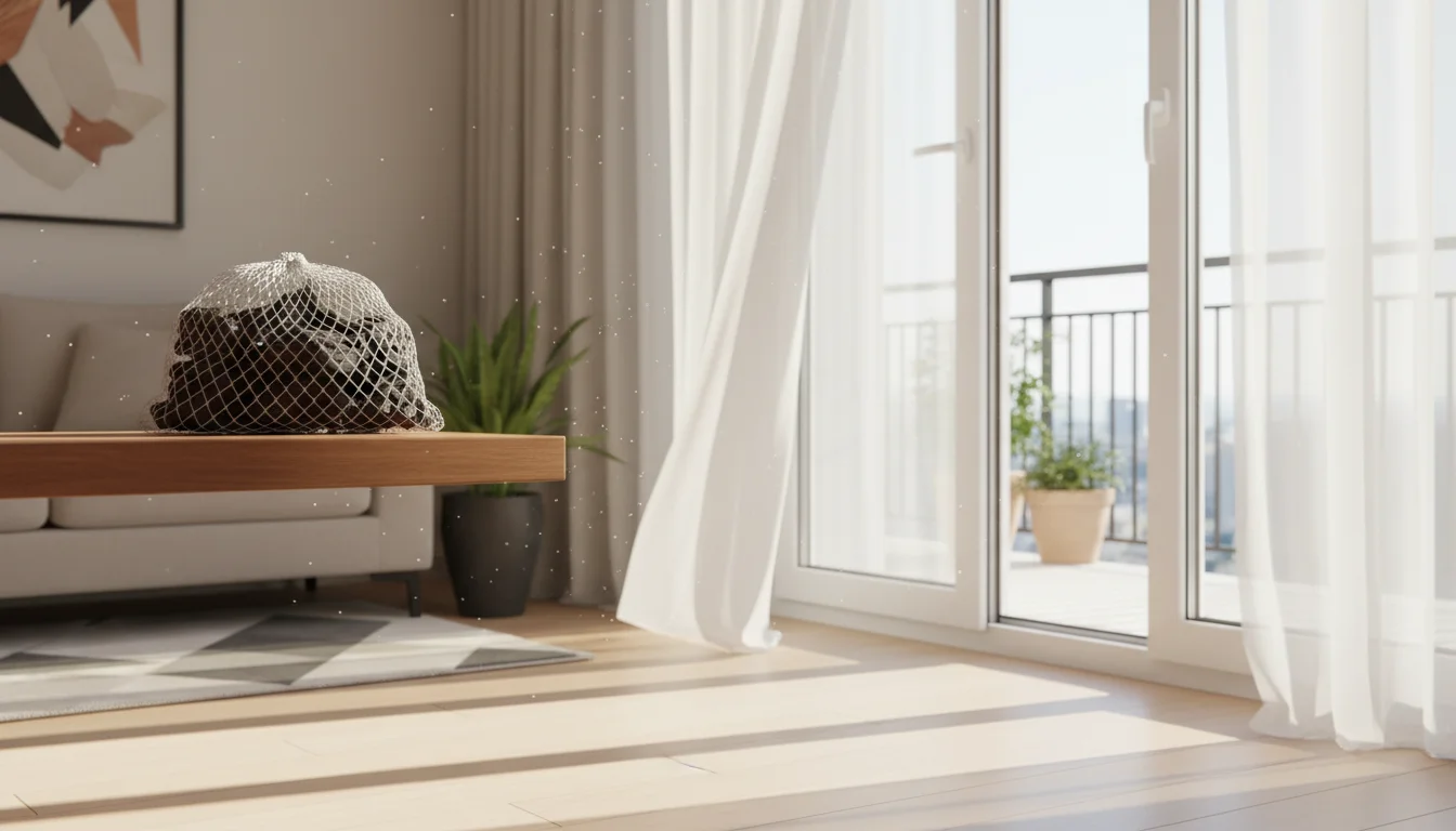 Activated charcoal bag near open window for ventilating dead mouse odor
