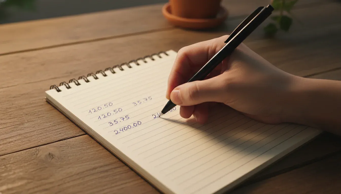 hand writing budget calculations in notebook