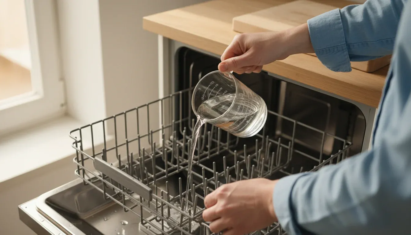 Hands pouring white vinegar into an empty dishwasher for cleaning