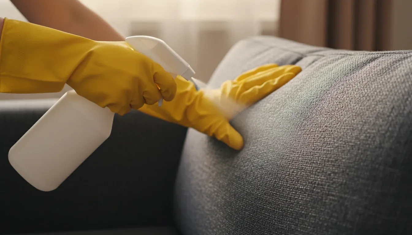 spraying enzyme cleaner onto sofa cushion