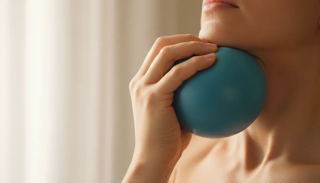 hand pressing exercise ball under chin during ball press exercise