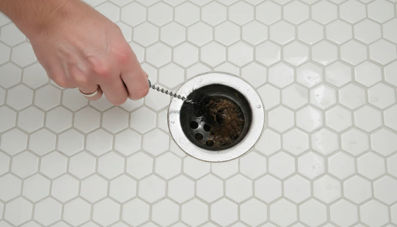 Using a drain brush to remove slimy buildup from inside a shower drain