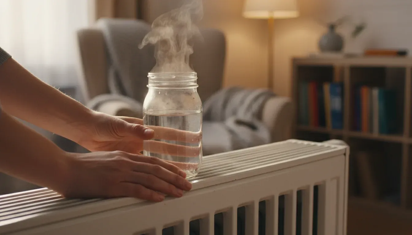 placing jar of water on radiator to add moisture to dry air
