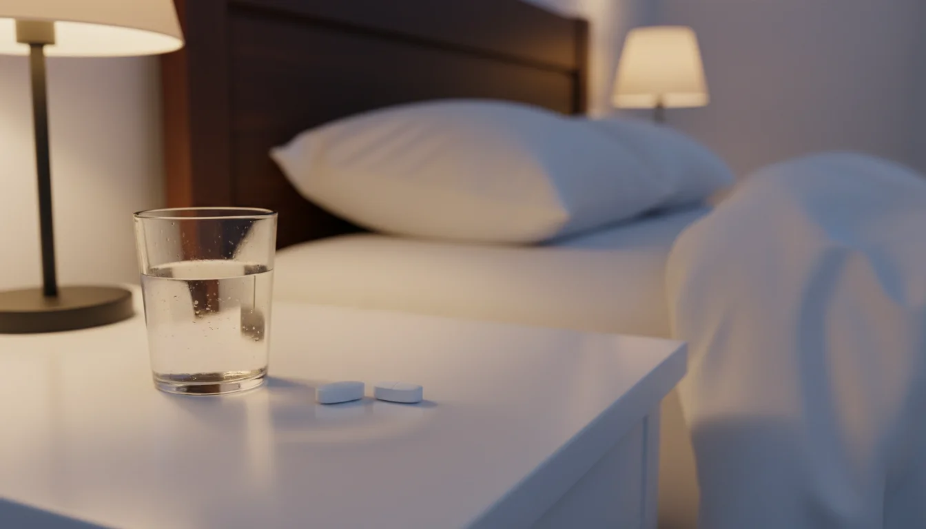 Ibuprofen tablets and glass of water on a bedside table for ear infection pain relief