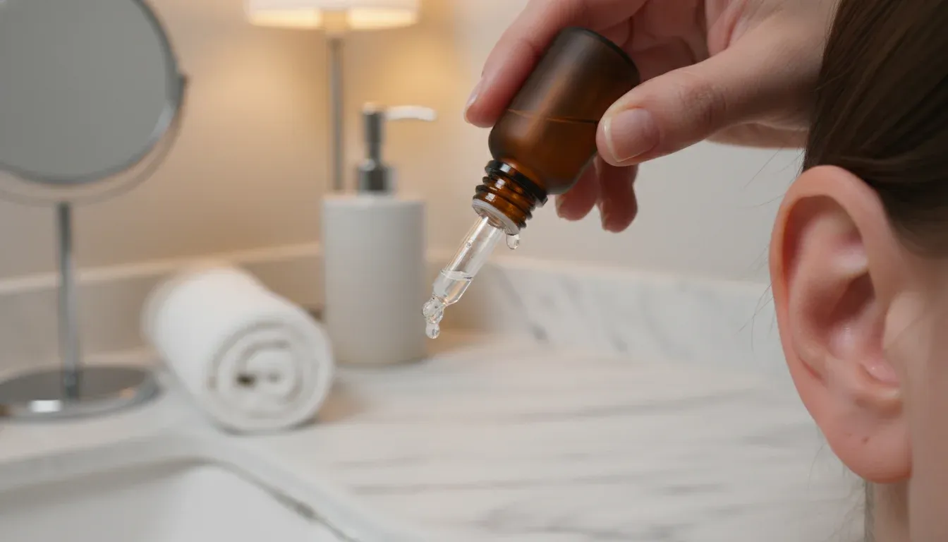 hand applying hydrogen peroxide drops into ear