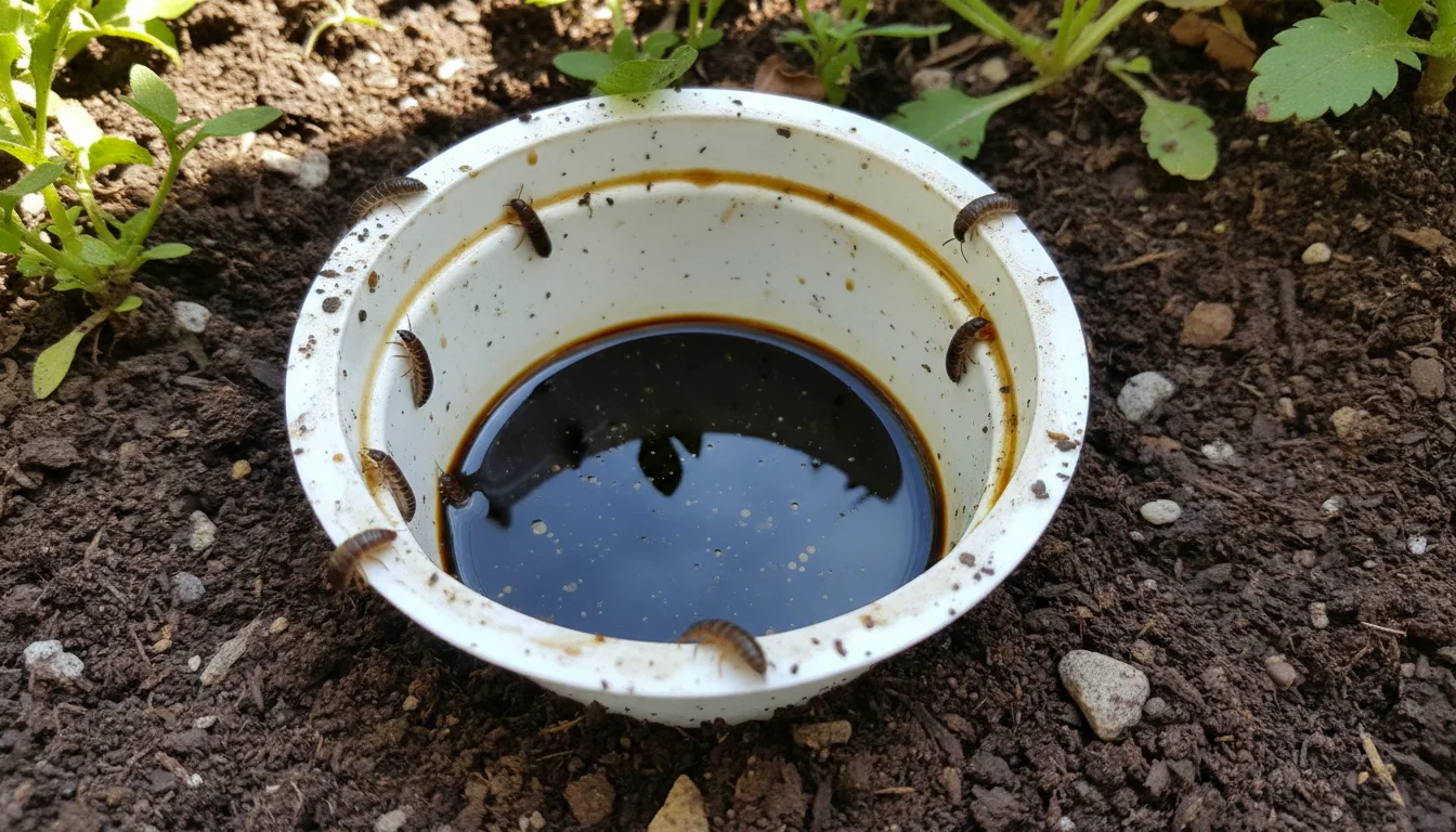 Homemade earwig oil trap buried in garden soil