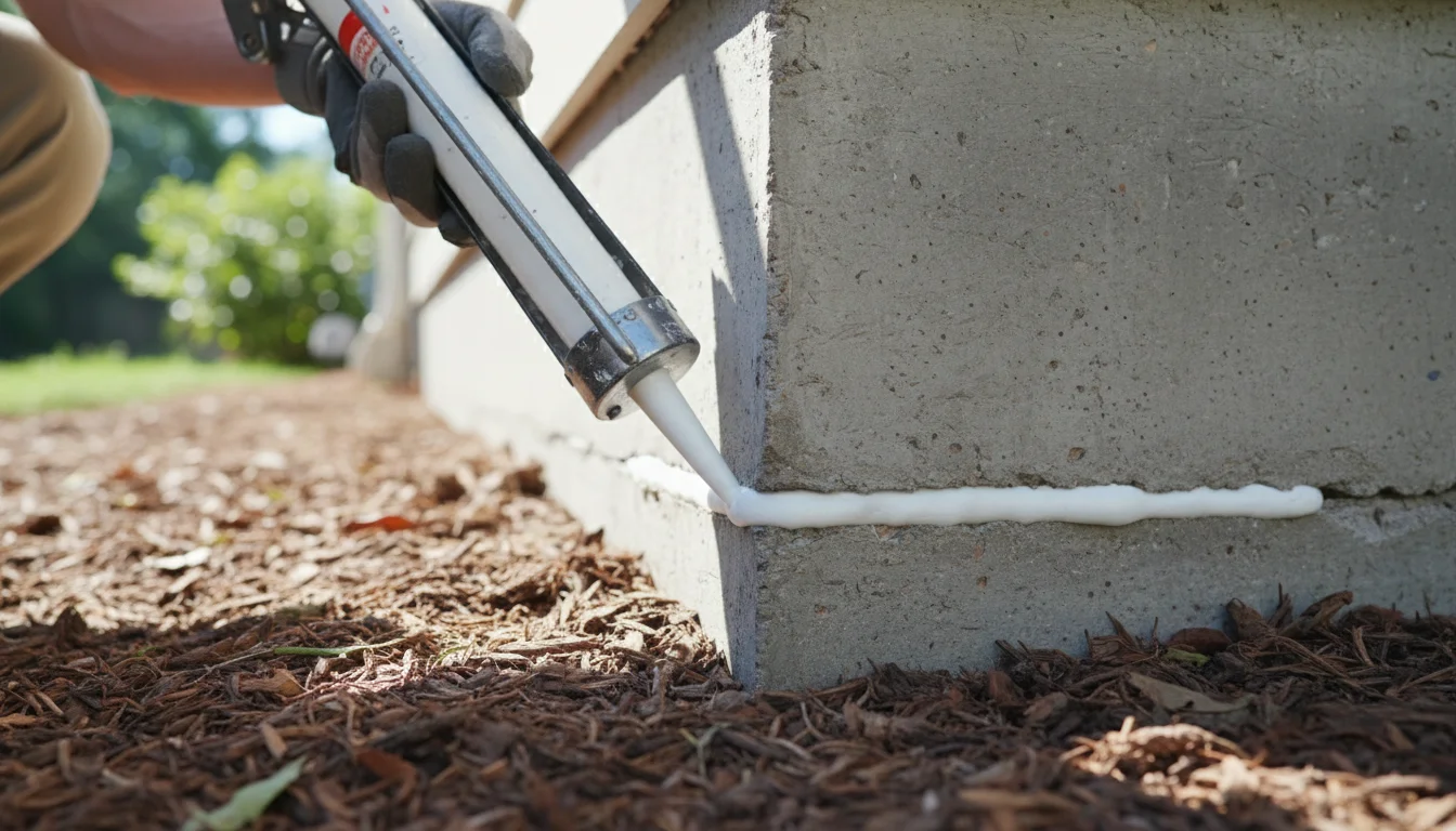 Sealing a foundation crack with caulk to prevent earwig entry