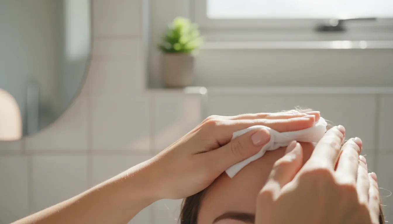 hand applying facial wipe to forehead