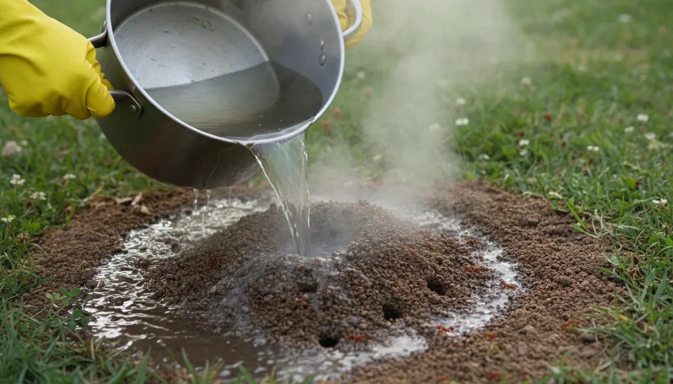 pouring boiling water onto fire ant mound