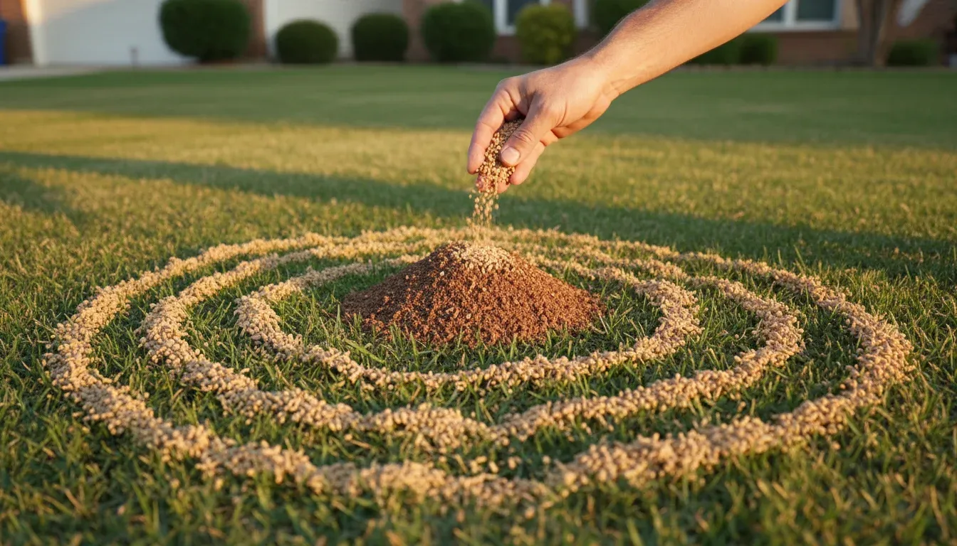 spreading fire ant bait granules around mound
