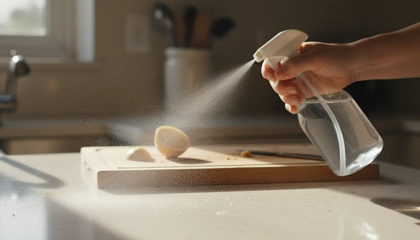 spraying vinegar solution on kitchen counter after cooking