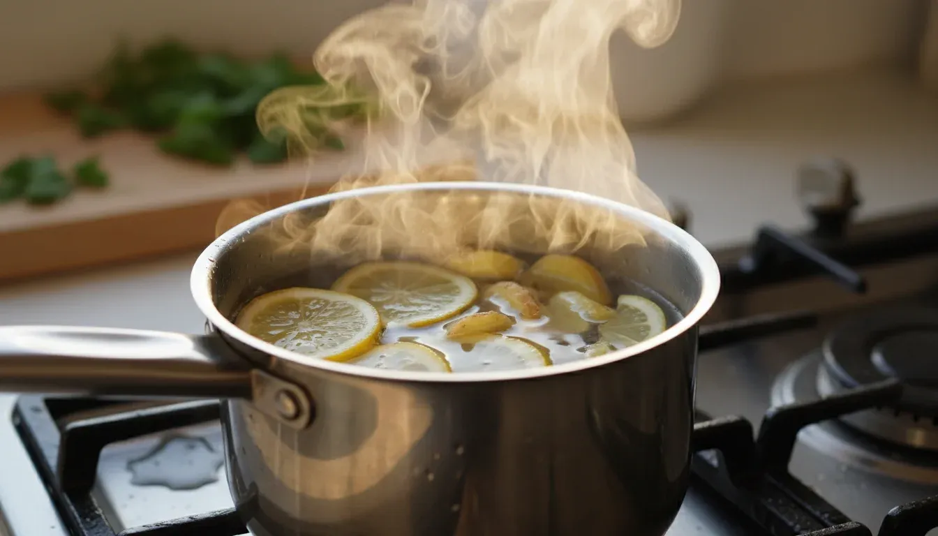 simmering pot with lemon and ginger releasing deodorizing steam