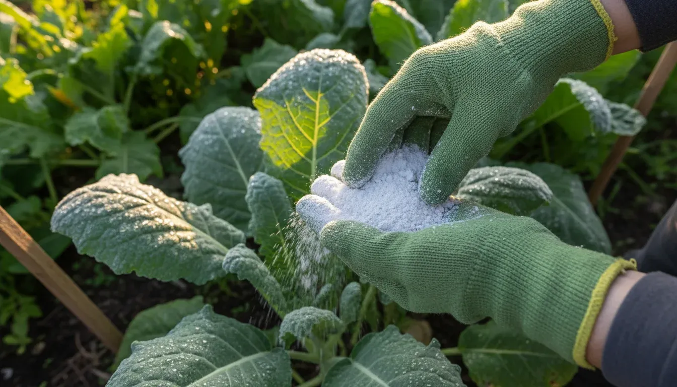 gardening hands applying diatomaceous earth powder to plant leaves