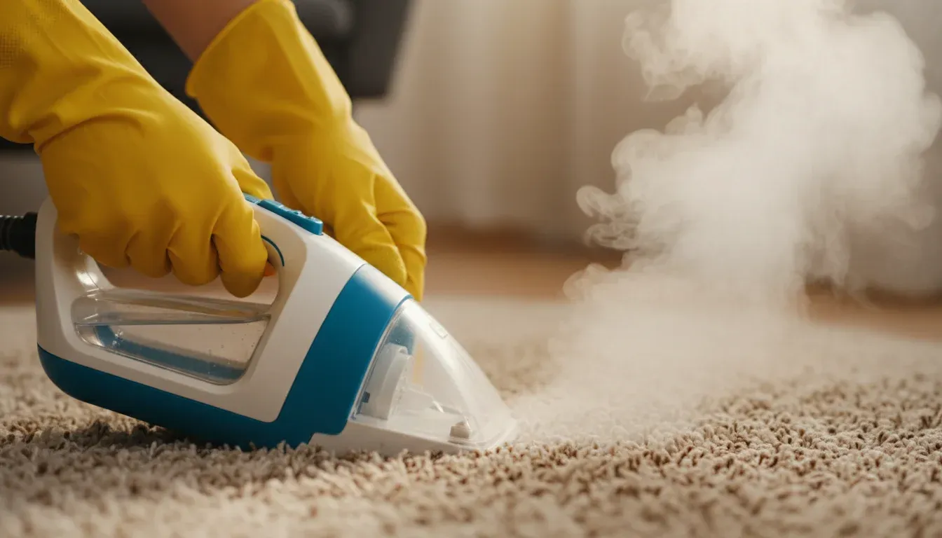 gloved hands steam cleaning carpet to kill fleas