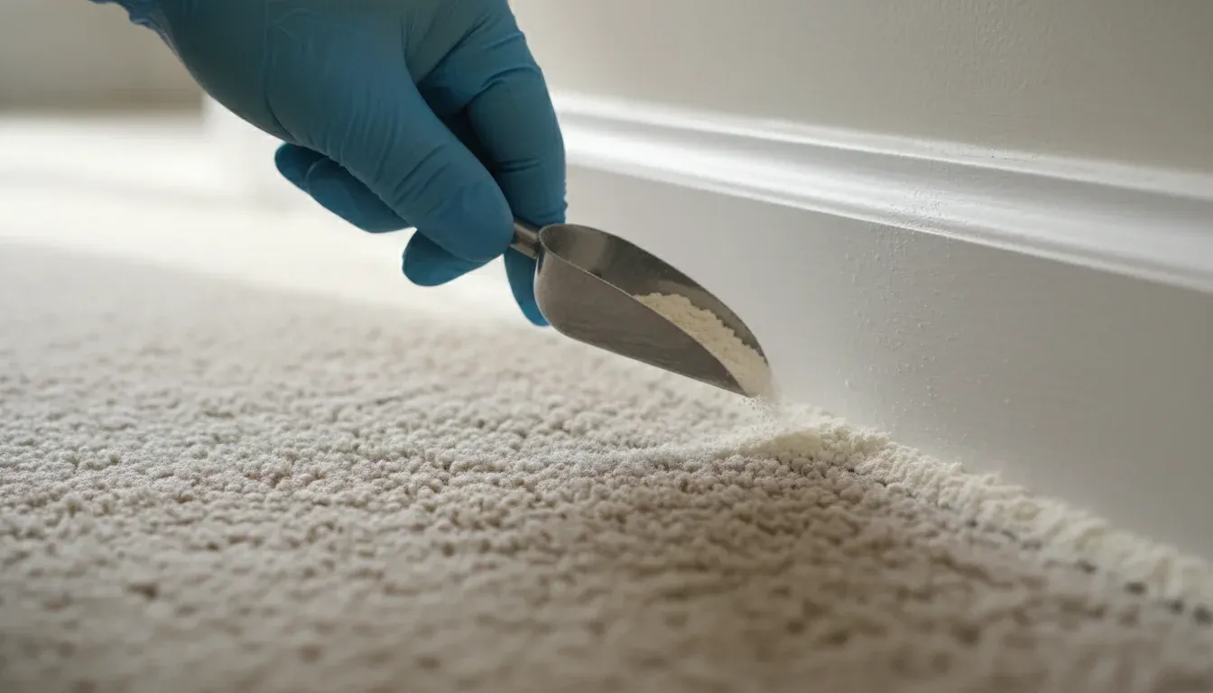 gloved hand applying diatomaceous earth powder along baseboard